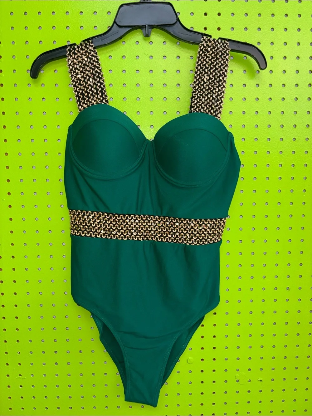 Emerald One-Piece Swimsuit with Gold Chain Trim